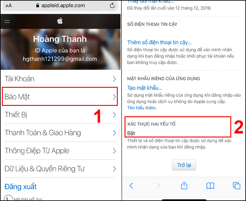 Kéo xuống xem Xác thực hai yếu tố đã Bật chưa
